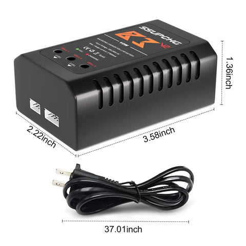 Dope LiPo Battery Charger For 2S 3S Packs With Smart Chip Balance Charger For XHR Plug RC shown with dimensions and power cord