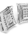 Massive 18mm Silver Square Iced Out Micropave Screw Back Cubic Zirconia Stud Earrings from a side view showcasing shine.