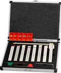 Open case displaying Half Inch Shank Nickel Plated Indexable Lathe Tool Holder And Boring Bar Set For CNC Heavy Duty Metal Lathe Cutting Tools 9 Piece Kit