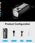 Dope 300 Lumen USB Rechargeable Bike Lights With 8 Modes And Solar Charge Front And Rear LED Headlights showing dimensions and components