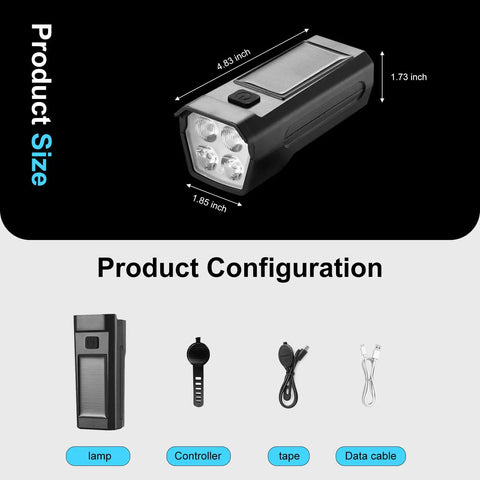 Dope 300 Lumen USB Rechargeable Bike Lights With 8 Modes And Solar Charge Front And Rear LED Headlights showing dimensions and components