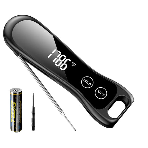 Digital Meat Thermometer Instant Read In 1 Second for Grilling, BBQ with IP67 Waterproof, Folding Probe, and Backlit Display