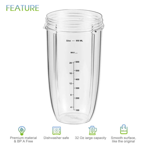 32oz replacement cup for NutriBullet 600W and 900W, shown with measurement markings, part of the 2-Pack 32oz Replacement Cups set.