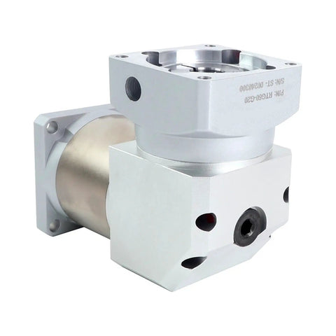 Top Shelf 60mm Right Angle Planetary Gearbox With 5 10 20 Or 50 To 1 Reduction Ratios Hella Smooth Torque Output Built Tough For Mounting Directly On 60mm Servo Motors Featuring A No Nonsense 14mm Drive Shaft, showcasing aluminum housing.