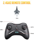 Two Channel RC Airplane Ready To Fly With Self Stabilization And 2.4 GHz Remote control details with buttons labeled
