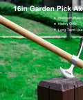 2 In 1 Garden Pickaxe And Mattock Tool 16 Inch Stainless Steel Hatchet Axe on wood, green lawn background