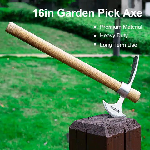 2 In 1 Garden Pickaxe And Mattock Tool 16 Inch Stainless Steel Hatchet Axe on wood, green lawn background