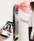 Rock Solid Smart Home Deadbolt Lock Featuring Quick Fingerprint Scan Plus App Remote Control And Backup Pin Codes For Hassle Free Keyless Entry System with a woman using a fingerprint scan and smartphone.