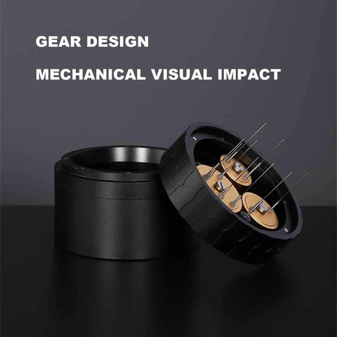 Geared Espresso Leveler And Magnetic Coffee Needle Distributor For 51 54 58 Millimeter Portafilters showing a close-up of gear design and magnetic needles.