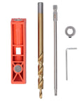 Hella Precise Pocket Hole Jig Kit With Metal Step Drill Bit And Hex Wrench Plus Screwdriver for Smooth Woodworking Jobs including a step bit and tools.