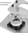 Close-up of Professional Hollow Rotary Actuator featuring rock solid angular precision, CNC machined aluminum material, and quick adjust knob.