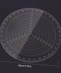 Front view of round clear acrylic center finder compass with concentric circle scales, 20 cm diameter.