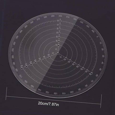 Clear acrylic round center finder compass with concentric rings and measurement marks, 20 cm diameter.