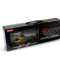 S107 S107G RC Helicopter Indoor Flyer Yellow in packaging with clear window showcasing metal series design and dual frequencies feature
