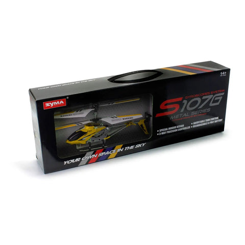 S107 S107G RC Helicopter Indoor Flyer Yellow in packaging with clear window showcasing metal series design and dual frequencies feature