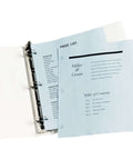 Clear Hole Reinforcement Labels For 3 Hole Punched Pages One Quarter Inch Diameter Non Printable Durable Polyvinyl Reinforcement Stickers Set Of 200 For Extending Page Life In Binders shown in binder with blue pages.