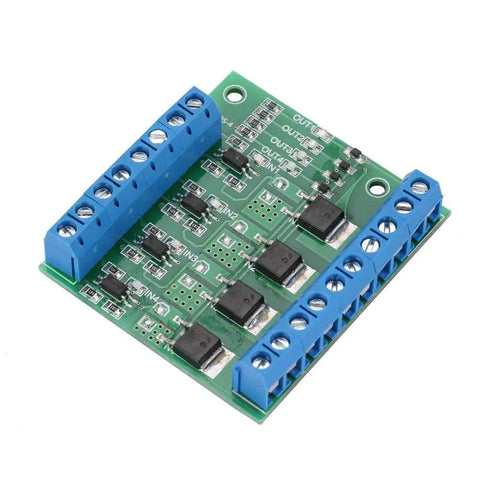 4 Channel MOSFET PWM Driver Module 3-20V To 3.7-27VDC 10A PLC Amplifier showing blue terminal blocks and black chips