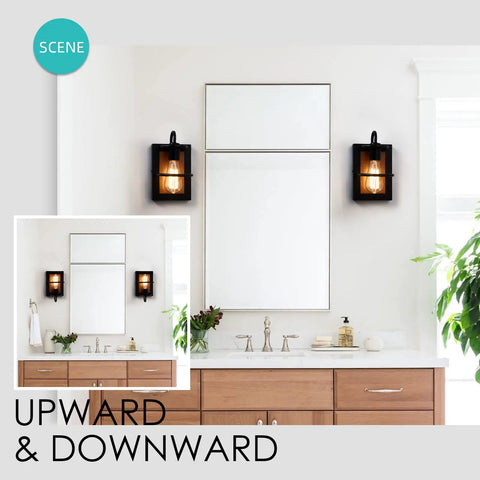 Bathroom scene with set of two farmhouse wall sconces with modern industrial vibe, matte black finish and faux wood backing.