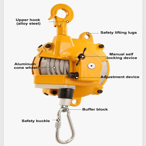 Retractable Tool Balancer With Self Locking Design, 1.5m Wire Rope, Heavy Duty Hook, Adjustable Hanging Retractor, 50-60kg Capacity, Aluminum Alloy Shell, Light Yet Tough Pro Grade Workshops with upper hook and safety buckle