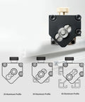 Topnotch Aluminum Extrusion Drill Jig Hassle Free Double Hole Punch Locator, showing 20, 30, and 40 aluminum profiles for T-slot frames.