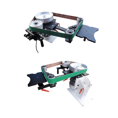 Shop Ready Heavy Duty Variable Speed Belt Sander And Knife Grinder With Vertical Horizontal Modes Three Polishing Wheels For Metal Wood Ceramic And Glass 110V Trusted Workhorse Rig showing adjustable motor and belt setup.
