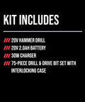 Tough As Nails 20V Brushless Cordless Hammer Drill Kit With Quick Charge Battery And Secure Case holding 75 heavy duty bits included.