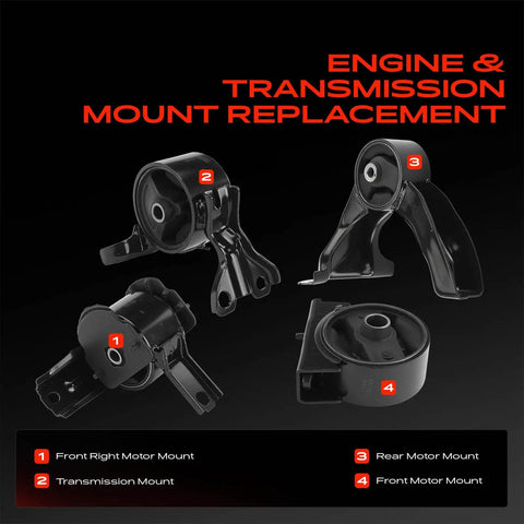 Direct Fit Engine And Transmission Mount Kit Set Of 4 For Mitsubishi Lancer And Outlander Sport With Manual Transmission Easy Drop In Swap Built Heavy Duty For A Tight Smooth Ride, showcasing all four mounts.