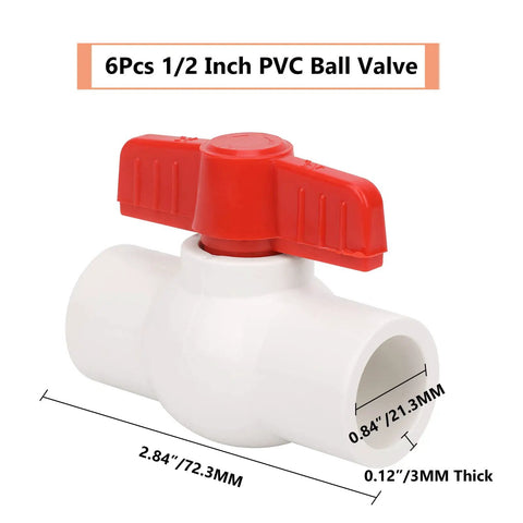 Six Pack One Half Inch PVC Ball Valves With Red T Handle For Cold Water Lines And Irrigation, Leak Free Shutoff With EPDM O Rings