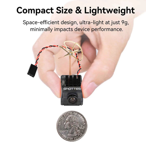 Person holding Spotter V2 FPV Camera And Transmitter Kit With 5 8G Micro AIO Cam OSD Integrated Mic next to a coin for scale.