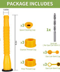 Anti Spill Gas Can Spout Replacement Kit With Flexible Nozzle, Leak Proof 3 Pack, showing spout caps and drill bit, 8.1 inch hose