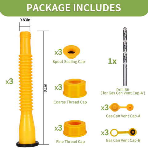 Anti Spill Gas Can Spout Replacement Kit With Flexible Nozzle, Leak Proof 3 Pack, showing spout caps and drill bit, 8.1 inch hose