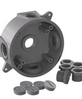 Weatherproof Round Electrical Outlet Box for One Half Inch or Three Quarter Inch Conduit, Five Hole Mount, Includes Reducer Bushings and Closure Plugs, UL Listed, Gray PVC Construction, Built Tough for Outdoor Junctions, Lampholders, and Lighting.