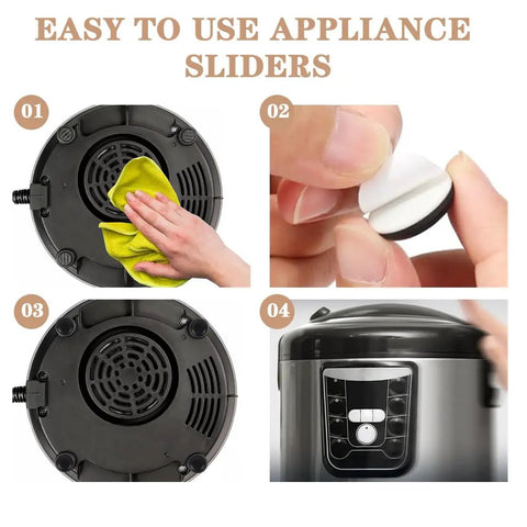 12 Piece Kitchen Appliance Sliders Set With Self Adhesive Pads for moving appliances without scratches shown in four steps.