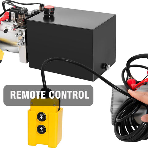 12V Hydraulic Pump For Dump Trailers And Car Lifting, Double Acting Electric Power Unit with remote control shown