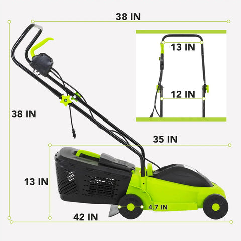 Dimensions of Corded Electric Lawn Mower 12 Amp Grass Cutter With Dethatcher 13 Inch Cutting Deck And Collection Bag