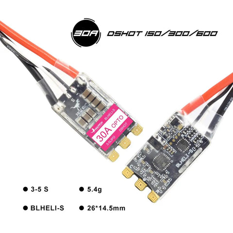 Close-up of 30A Brushless ESC Pack For FPV Racing Drones BLHeli S DShot 150 300 600 with 26x14.5mm size and connections visible