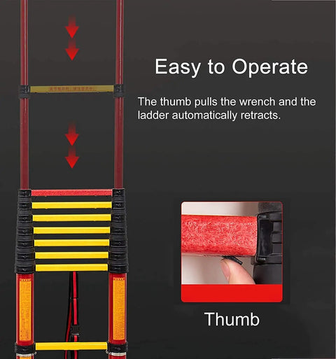 Close-up of Grab This Bad Boy Compact Fiberglass Telescoping Ladder For Electrical Work That Is Super Sturdy Non Conductive With Wide Anti Slip Treads And Secure Locks Handling Three Hundred Thirty Pounds Like A Champ In Two To Six Meter Sizes showing thumb operation for easy retraction.