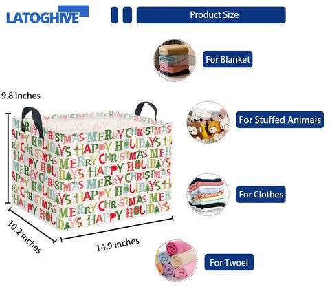 Slick Rectangular Storage Basket Waterproof Canvas Bin Collapsible Christmas Gift Organizer And Room Decor displayed with dimensions 14.9x10.2x9.8 inches.