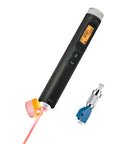 TFN 3-in-1 fiber optic tester with LCD display and orange laser tip, black handheld unit; blue FC/LC adapter beside