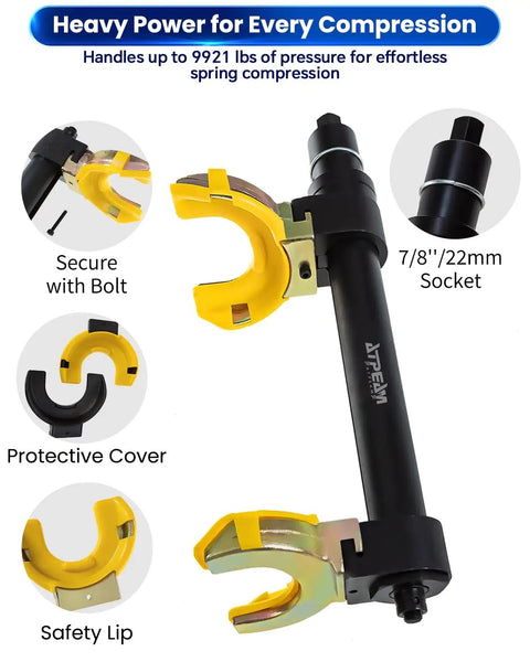 MacPherson Strut Spring Compressor Kit Universal Interchangeable Fork Tool with safety lip, bolt secure, and 7/8-inch socket