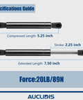 Specifications for Top Shelf 20 Pound Gas Strut Lift Supports, 5.25 inch compressed and 7.50 inch extended lengths.
