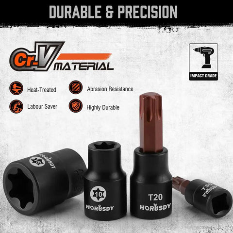 Pro Grade Torx Bit Socket Set With 14 Star Bits T8 To T70 And 12 ETorx Sockets E4 To E24 Plus 4 Heavy Duty Impact Adapters High Torque Laser Marked For Auto Mechanic Work made from durable CR-V steel, showing various socket sizes and durability features.