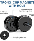 Powerful 40 Lb Neodymium Round Cup Magnets With Countersunk Holes For Wall Mounting Includes Screws displayed in close-up.