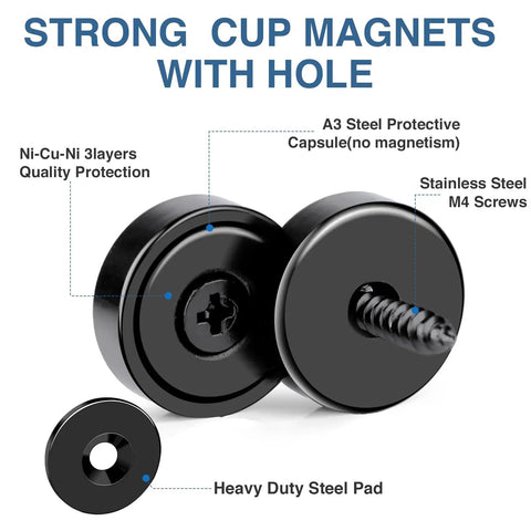 Powerful 40 Lb Neodymium Round Cup Magnets With Countersunk Holes For Wall Mounting Includes Screws displayed in close-up.