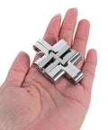 Hand holding Tiny 43mm Zinc Alloy Concealed Door Hinges 4 Pack for Jewelry Boxes and Small Cabinets, Hidden Cross Folding Hardware