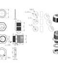 Technical diagram of Beefy Waterproof Nylon Cable Glands With Multi Hole Insert For Electrical Enclosures, 3 Holes, IP67 Rated.
