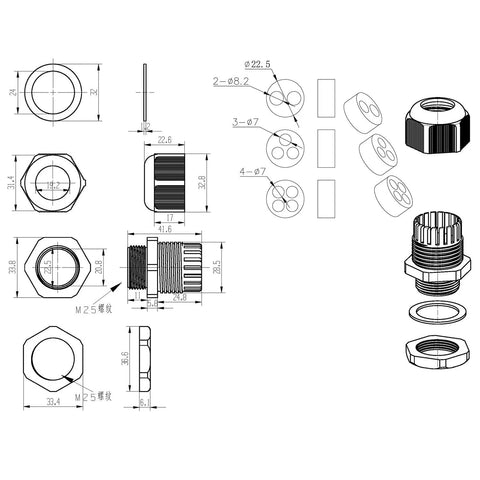 Technical diagram of Beefy Waterproof Nylon Cable Glands With Multi Hole Insert For Electrical Enclosures, 3 Holes, IP67 Rated.