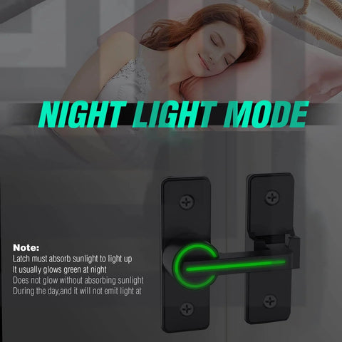 2 Pack Luminous Black 180 Degree Heavy Duty Barn Door Latches Thickened Zinc Alloy Sliding Flip Locks For Double Doors Gate And Outdoor Use Garden Yard Bathroom Garage Night Glow Green shown glowing in dark with a note about night light mode.