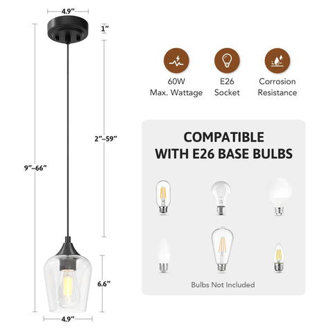 Matte Black Pendant Light For Kitchen Island With E26 Base And Adjustable Cable, glass shade, bulb compatibility chart, 60W max info