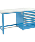 Built Tough 72 Inch Wide 30 Inch Deep Modular Workbench Station With Seven Lockable Drawers Plastic Laminate Top And Heavy Duty Blue Steel Frame.